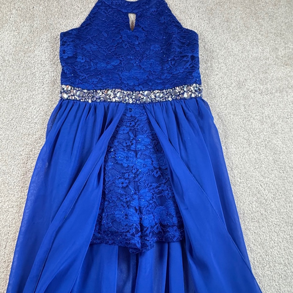 Speechless Kids Royal Blue Lace Rhinestone Romper Maxi Dress Sz 12 SC224D23H908 - Picture 6 of 9